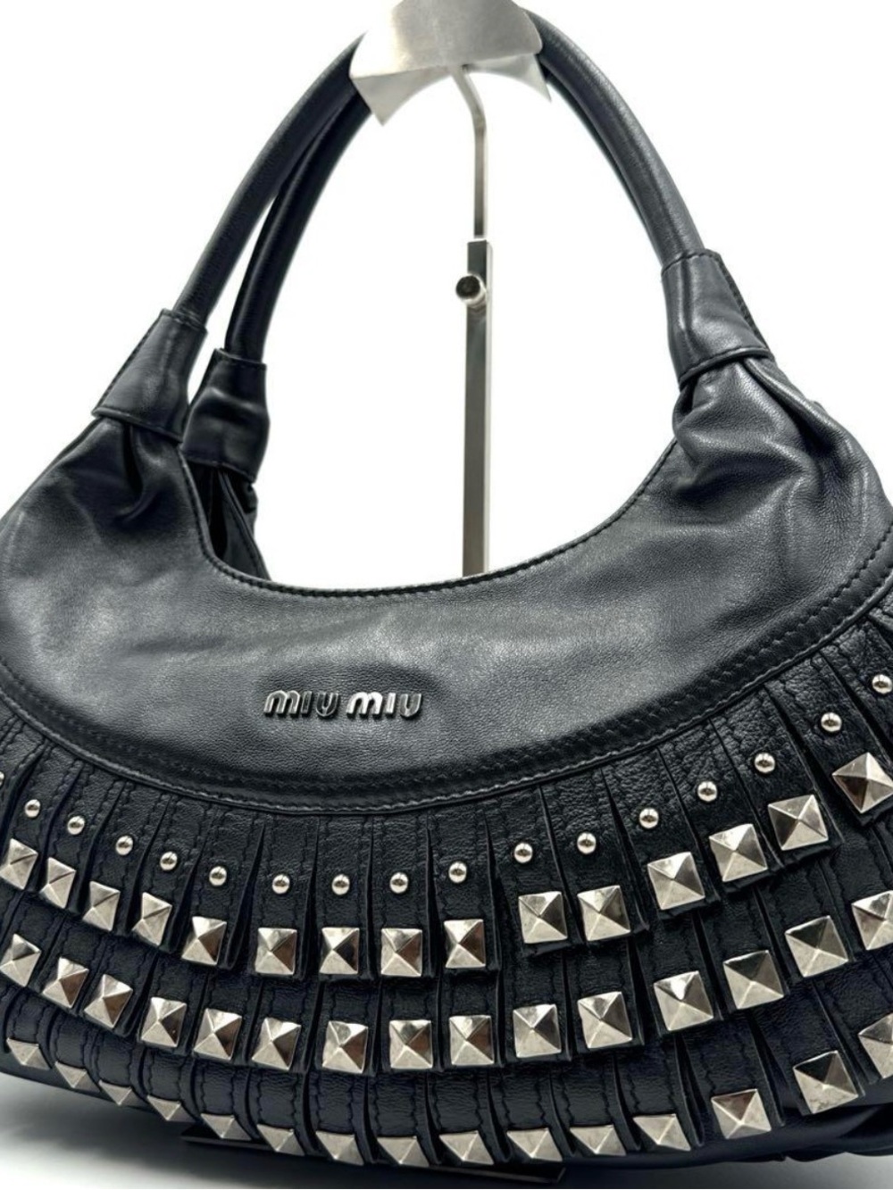 Miu Miu Black Leather Studded Hobo Bag